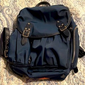 MZ Wallace Marlena backpack blue, tan inside. Designed to keep you hands-free.